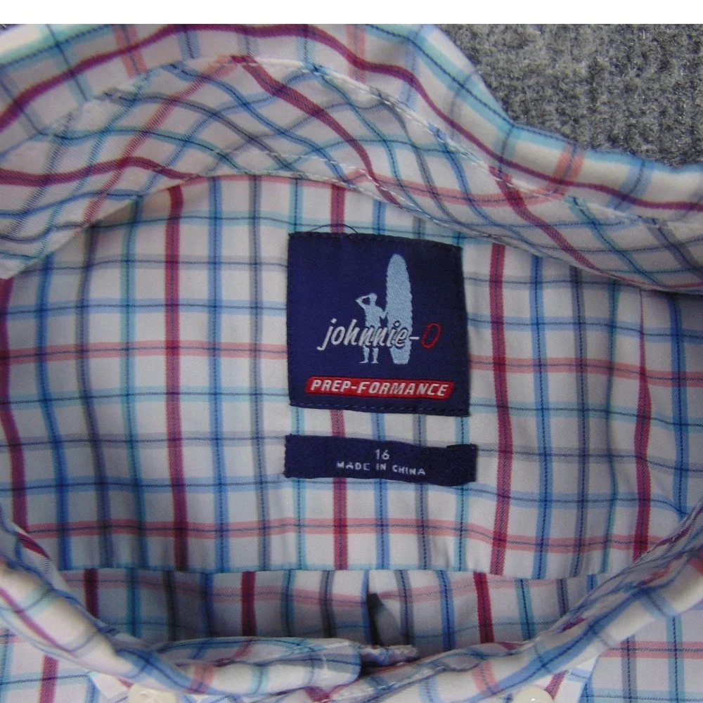 Johnnie O Dress‎ Shirt Youth 16 Plaid Red Blue White Button Casual Dress Prep